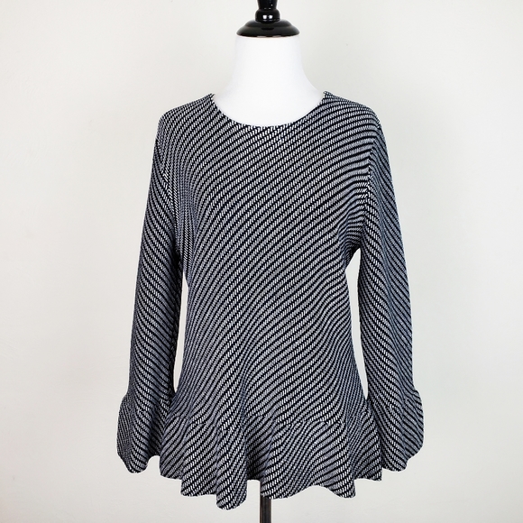 Ann Taylor Tops - Ann Taylor Top Sweater Peplum Bell Sleeves Career Metallic Black Neutral Elegant
